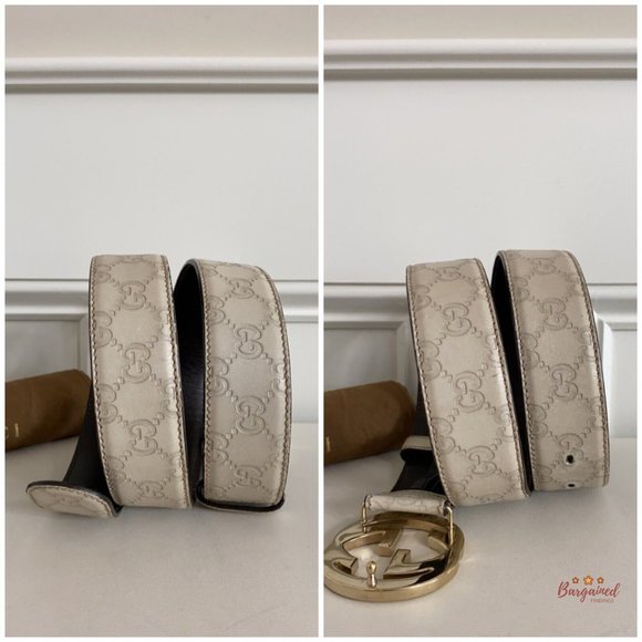 Authentic Gucci Cream Guccissima Leather Gold Interlocking G Buckle Belt 90/36 - Picture 8 of 13
